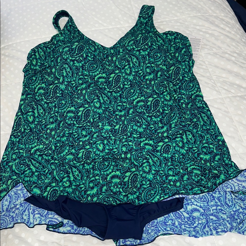 Lands End SlenderSuit Wrap Swim Dress Swimsuit blue green paisley 24W nwt - Picture 9 of 9
